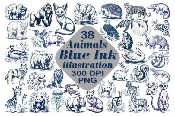 Download Animals Blue Ink Illustrations PNG - Illustration Collection